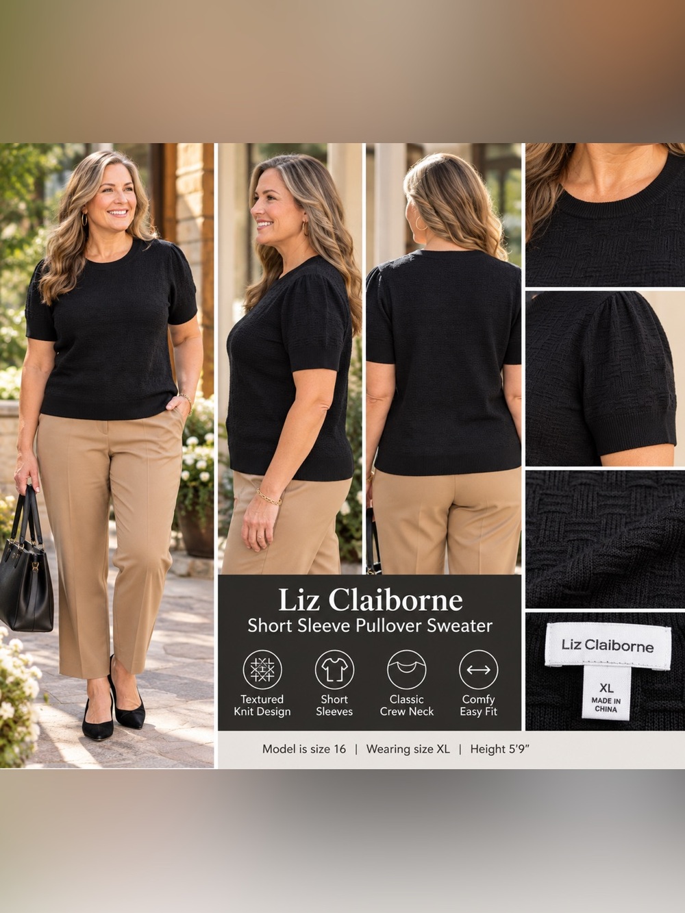 Liz Claiborne Black Short-Sleeve Crewneck Pullover XL